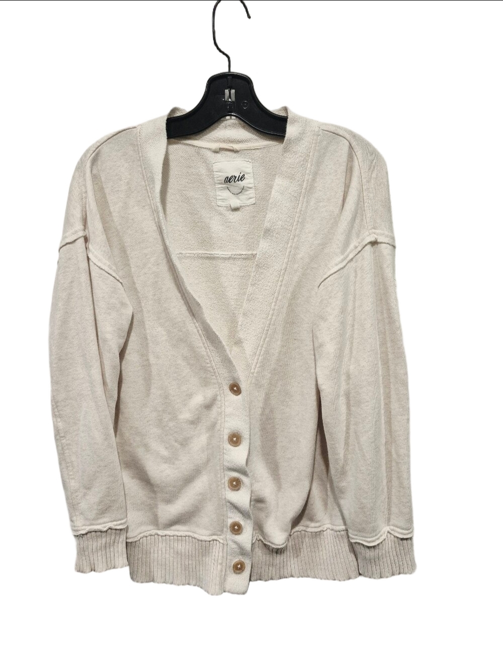 Aerie Oversized Fleece Cardigan Sweater Cream Bone Button Front Raw Seam Slouchy